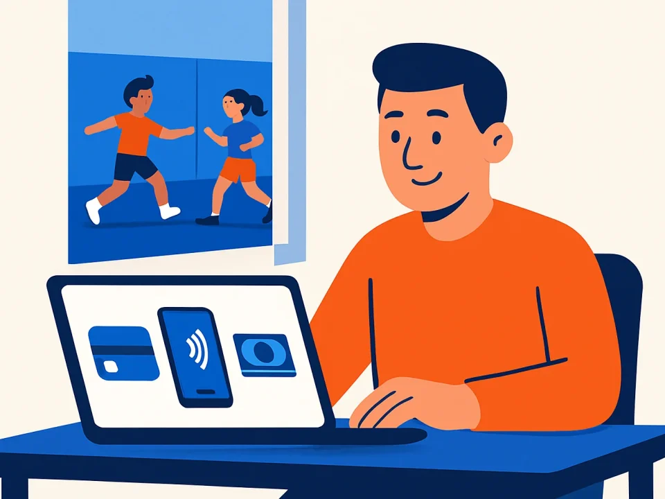 Владелец спортивной секции выбирает способы оплаты на ноутбуке