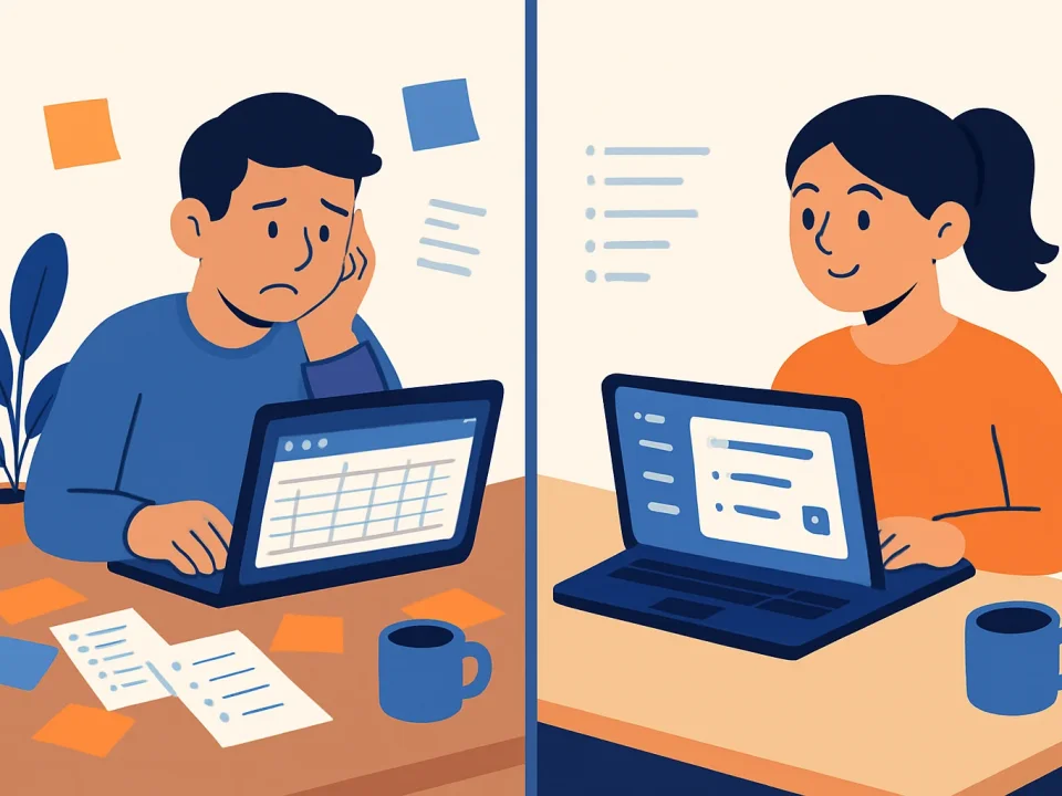 Сравнение хаотичной Excel-таблицы и упорядоченной CRM на рабочих столах владельца детской секции