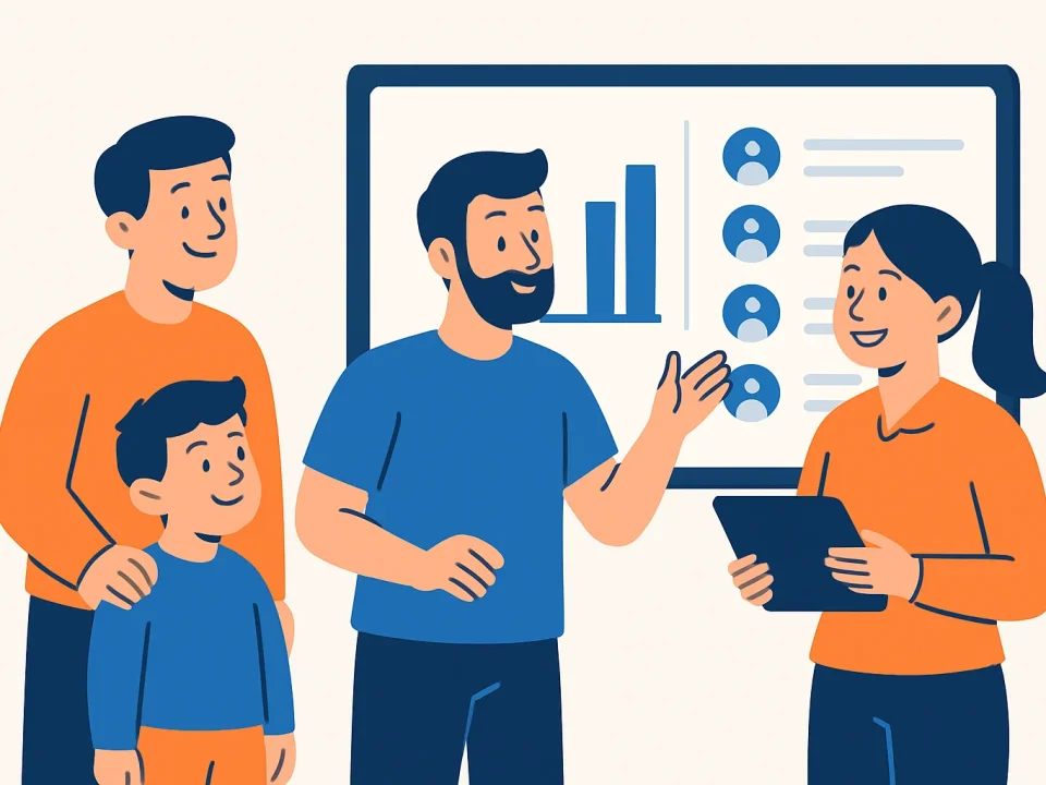 Владелец детского клуба и администратор смотрят на экран с учётом оплат и клиентов