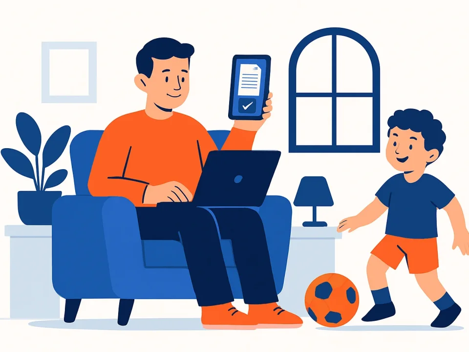 Родитель подписывает договор детской спортивной школы на смартфоне дома